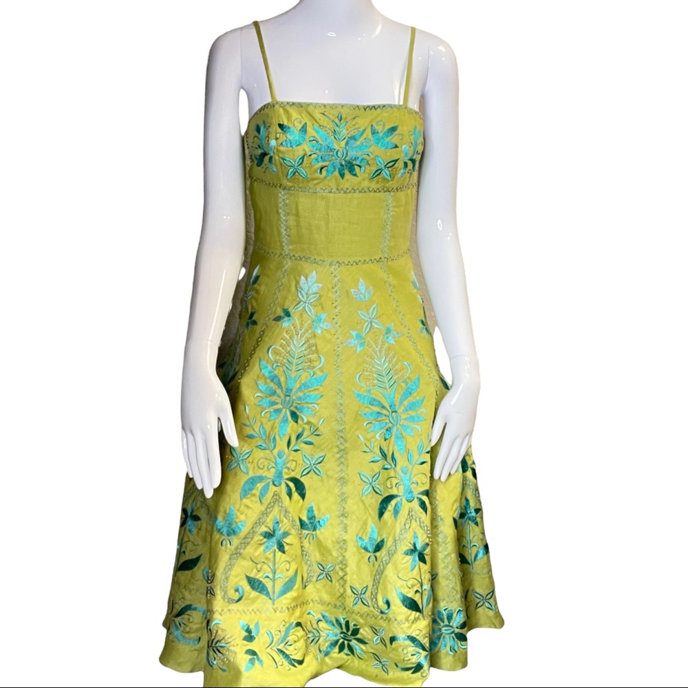Susan Wong Green Embroidered Linen Beaded Spaghetti Strap Midi Dress - Sz 4